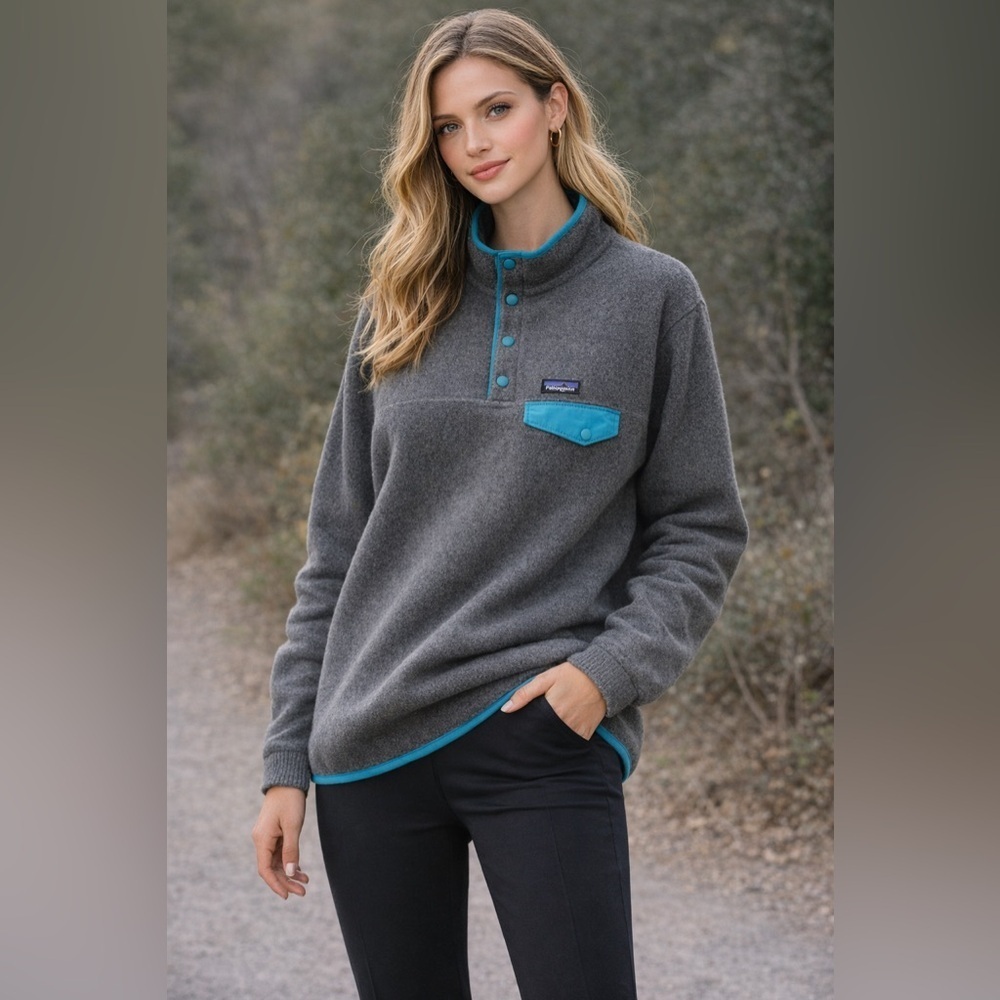 Patagonia Synchilla Snap-T Fleece Pullover Women’s XL Gray Teal Classic Logo